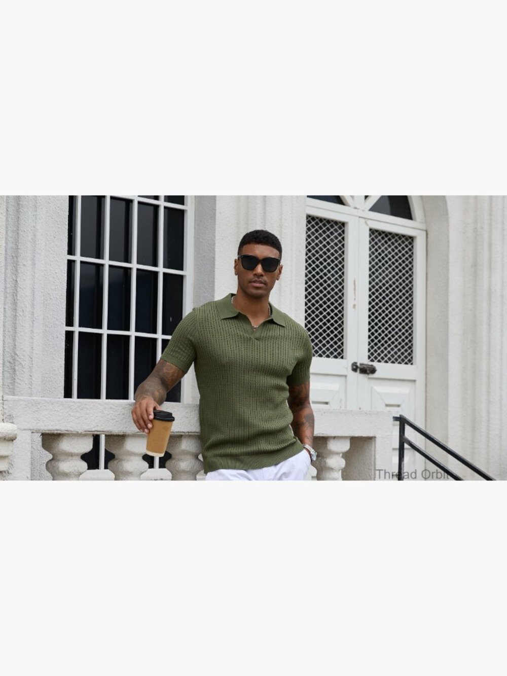 Mens V Neck Polo Shirt Short Sleeve Muscle Hollow Knit Golf Tee - Picture 7 of 7